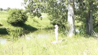 Milf sexy woman sunbathing naked on river bank. Naked in public. Wild beach Nudist. Ass. Pussy. Blonde. Doggystyle. Outside. POV - 11 image