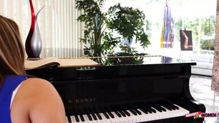 After playing some music, this brunette begs her lesbian piano teacher to fuck her raw