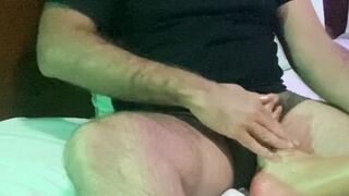 Milf & fetish. She jerks me off with her feet and massages my balls while showing me her pussy