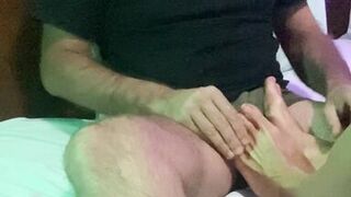 Milf & fetish. She jerks me off with her feet and massages my balls while showing me her pussy