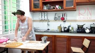 Ravioli Time! Undressed Cooking. Regina Noir, a nudist cook at nudist hotel resort. Bare maid. Undressed housewife. Camera 1 - 3 image