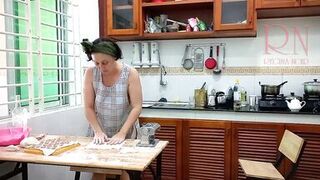 Ravioli Time! Undressed Cooking. Regina Noir, a nudist cook at nudist hotel resort. Bare maid. Undressed housewife. Camera 1 - 6 image