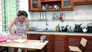 Ravioli Time! Undressed Cooking. Regina Noir, a nudist cook at nudist hotel resort. Bare maid. Undressed housewife. Camera 1 - 7 image