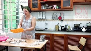 Ravioli Time! Undressed Cooking. Regina Noir, a nudist cook at nudist hotel resort. Bare maid. Undressed housewife. Camera 1 - 8 image