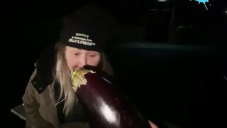 Street hotty abased and bonks a fake cock for a hunk on the street