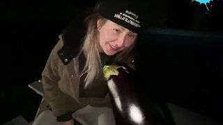 Street hotty abased and copulates a fake cock in the street for a man