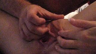 Playing with her big clit and wet pussy while she jerks off my big dick!