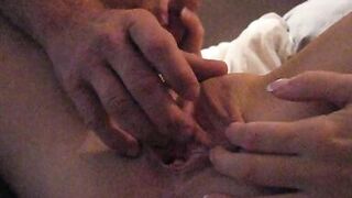 Playing with her big clit and wet pussy while she jerks off my big dick! - 4 image