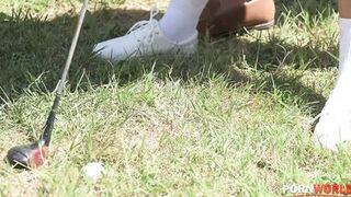 Sex in air while playing golf. brutal fucking and crying while taking big dick into her pussy