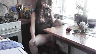 MILF solo. Squirt. In morning in kitchen, sexy Milf drinks coffee, masturbates wet pussy, gets strong orgasm and squirts