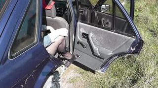 Sex in public. In back seat car on side of road blonde MILF sexy Frina jerked off dick driver car, then got into pose doggy style. Lover fucked in pussy and cum on labia. Publicly. Taboo. In public place. Sex in auto Outside. Outdoor. Lot of sperm - 4 image
