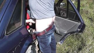 Sex in public. In back seat car on side of road blonde MILF sexy Frina jerked off dick driver car, then got into pose doggy style. Lover fucked in pussy and cum on labia. Publicly. Taboo. In public place. Sex in auto Outside. Outdoor. Lot of sperm - 5 image