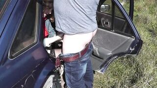 Sex in public. In back seat car on side of road blonde MILF sexy Frina jerked off dick driver car, then got into pose doggy style. Lover fucked in pussy and cum on labia. Publicly. Taboo. In public place. Sex in auto Outside. Outdoor. Lot of sperm - 7 image