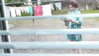 Naked in public. Neighbor saw pregnant neighbor in window who was drying clothes in yard without bra and panties. Nudist - 11 image