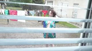 Naked in public. Neighbor saw pregnant neighbor in window who was drying clothes in yard without bra and panties. Nudist - 14 image