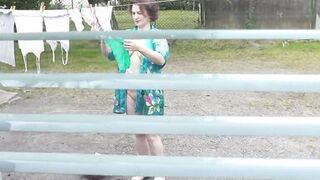 Naked in public. Neighbor saw pregnant neighbor in window who was drying clothes in yard without bra and panties. Nudist - 6 image