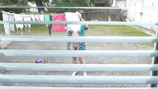 Naked in public. Neighbor saw pregnant neighbor in window who was drying clothes in yard without bra and panties. Nudist - 8 image