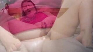 Close up shaven pussy with a huge purple dildo