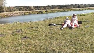 Wild beach. Nudist beach. Outdoors on bank of river lover fucks doggystyle beautiful sexy MILF Frina. Oudoor. Ouside. Naked in public. Sex in public - 11 image