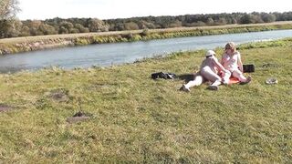 Wild beach. Nudist beach. Outdoors on bank of river lover fucks doggystyle beautiful sexy MILF Frina. Oudoor. Ouside. Naked in public. Sex in public - 12 image