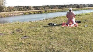 Wild beach. Nudist beach. Outdoors on bank of river lover fucks doggystyle beautiful sexy MILF Frina. Oudoor. Ouside. Naked in public. Sex in public - 13 image