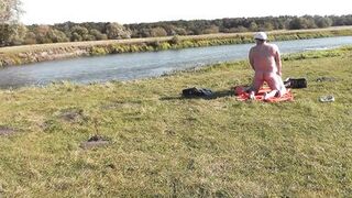 Wild beach. Nudist beach. Outdoors on bank of river lover fucks doggystyle beautiful sexy MILF Frina. Oudoor. Ouside. Naked in public. Sex in public - 14 image
