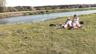 Wild beach. Nudist beach. Outdoors on bank of river lover fucks doggystyle beautiful sexy MILF Frina. Oudoor. Ouside. Naked in public. Sex in public - 5 image