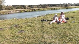Wild beach. Nudist beach. Outdoors on bank of river lover fucks doggystyle beautiful sexy MILF Frina. Oudoor. Ouside. Naked in public. Sex in public - 6 image