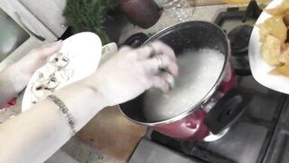 Sexy mommy MILF Frina continues her nude cooking. Without panties and bra high heels in kitchen Milf prepares delicious vegetarian appetizer of pita bread and champignons with sauce. Pussy Ass Big natural tits MILF - 11 image
