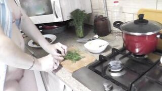 Sexy mommy MILF Frina continues her nude cooking. Without panties and bra high heels in kitchen Milf prepares delicious vegetarian appetizer of pita bread and champignons with sauce. Pussy Ass Big natural tits MILF - 13 image