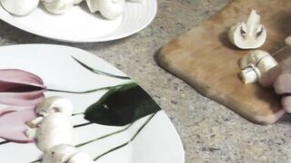 Sexy mommy MILF Frina continues her nude cooking. Without panties and bra high heels in kitchen Milf prepares delicious vegetarian appetizer of pita bread and champignons with sauce. Pussy Ass Big natural tits MILF - 2 image