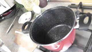Sexy mommy MILF Frina continues her nude cooking. Without panties and bra high heels in kitchen Milf prepares delicious vegetarian appetizer of pita bread and champignons with sauce. Pussy Ass Big natural tits MILF - 5 image