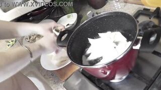 Sexy mommy MILF Frina continues her nude cooking. Without panties and bra high heels in kitchen Milf prepares delicious vegetarian appetizer of pita bread and champignons with sauce. Pussy Ass Big natural tits MILF - 9 image