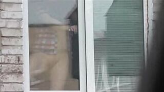 Naked in public. Nude. Outdoor. Outside. Husband Sexy Frina is spying on her sister from car window when she washes apartment window no panties and bra.