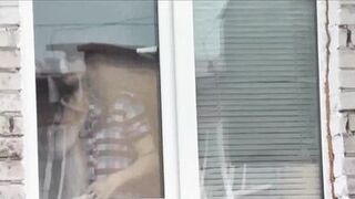 Naked in public. Nude. Outdoor. Outside. Husband Sexy Frina is spying on her sister from car window when she washes apartment window no panties and bra.