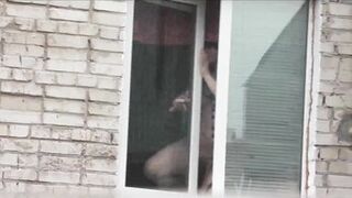 Naked in public. Nude. Outdoor. Outside. Husband Sexy Frina is spying on her sister from car window when she washes apartment window no panties and bra.