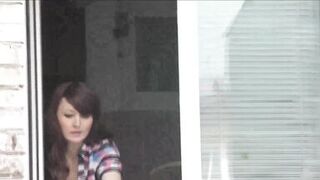 Naked in public. Nude. Outdoor. Outside. Husband Sexy Frina is spying on her sister from car window when she washes apartment window no panties and bra.