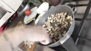 In transparent peignoir without panties and bra, nude mom Milf Frina continues to cook naked in kitchen. Today on menu is salad of chicken breast and champignons.