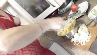 In transparent peignoir without panties and bra, nude mom Milf Frina continues to cook naked in kitchen. Today on menu is salad of chicken breast and champignons.