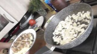 In transparent peignoir without panties and bra, nude mom Milf Frina continues to cook naked in kitchen. Today on menu is salad of chicken breast and champignons.