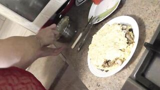 In transparent peignoir without panties and bra, nude mom Milf Frina continues to cook naked in kitchen. Today on menu is salad of chicken breast and champignons.