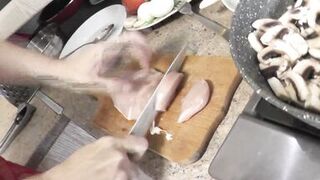 In transparent peignoir without panties and bra, nude mom Milf Frina continues to cook naked in kitchen. Today on menu is salad of chicken breast and champignons.