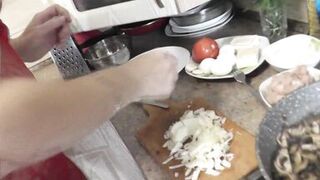 In transparent peignoir without panties and bra, nude mom Milf Frina continues to cook naked in kitchen. Today on menu is salad of chicken breast and champignons.