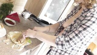 In stockings in high heels no panties and bra sexy mommy MILF Frina continues her nude cooking. Hot and cold minced meat roll on the menu today