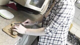 In stockings in high heels no panties and bra sexy mommy MILF Frina continues her nude cooking. Hot and cold minced meat roll on the menu today - 15 image