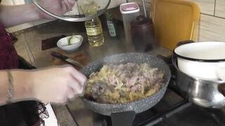 Mommy MILF without panties in stockings high heels continues nude cooking, shows pussy, boobs, nipples, butt and cooks pasta nautically  in kitchen. Ass pussy tits legs mom MILF - 15 image