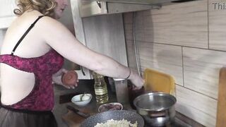 Mommy MILF without panties in stockings high heels continues nude cooking, shows pussy, boobs, nipples, butt and cooks pasta nautically  in kitchen. Ass pussy tits legs mom MILF - 7 image