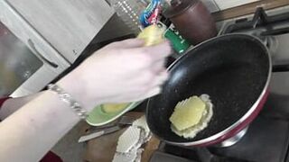 MILF Sexy Mommy Frina continues Nude Cooking. Today in her kitchen mommy no panties and bra in high heeled stockings will cook waffle brizol with minced chicken. - 1 image