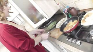 MILF Sexy Mommy Frina continues Nude Cooking. Today in her kitchen mommy no panties and bra in high heeled stockings will cook waffle brizol with minced chicken. - 13 image