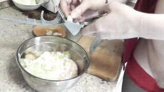 MILF Sexy Mommy Frina continues Nude Cooking. Today in her kitchen mommy no panties and bra in high heeled stockings will cook waffle brizol with minced chicken. - 3 image